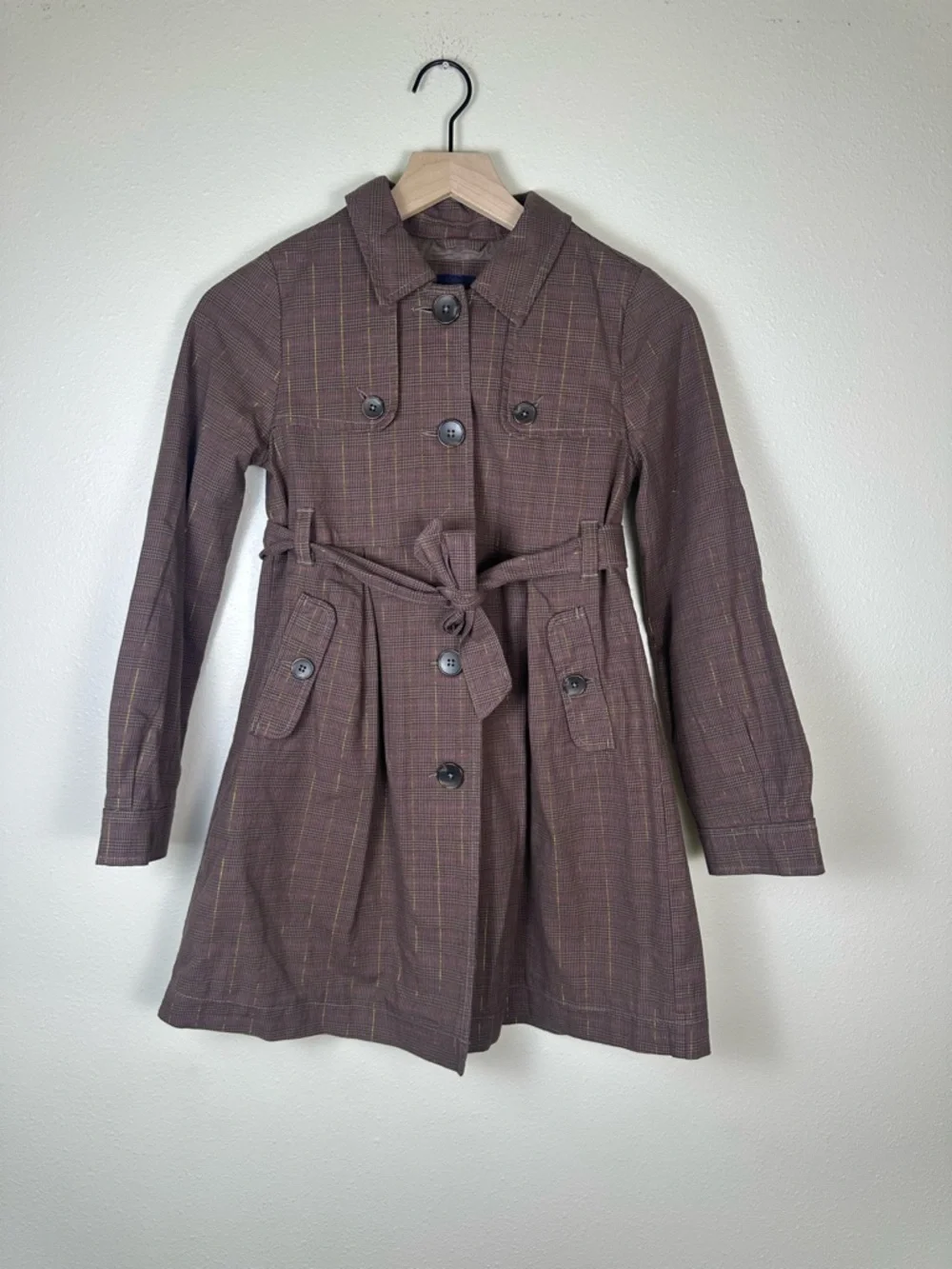 GAP Kids Girl Large‎ Chic Old Money Plaid Brown Tie Waist Trench Coat